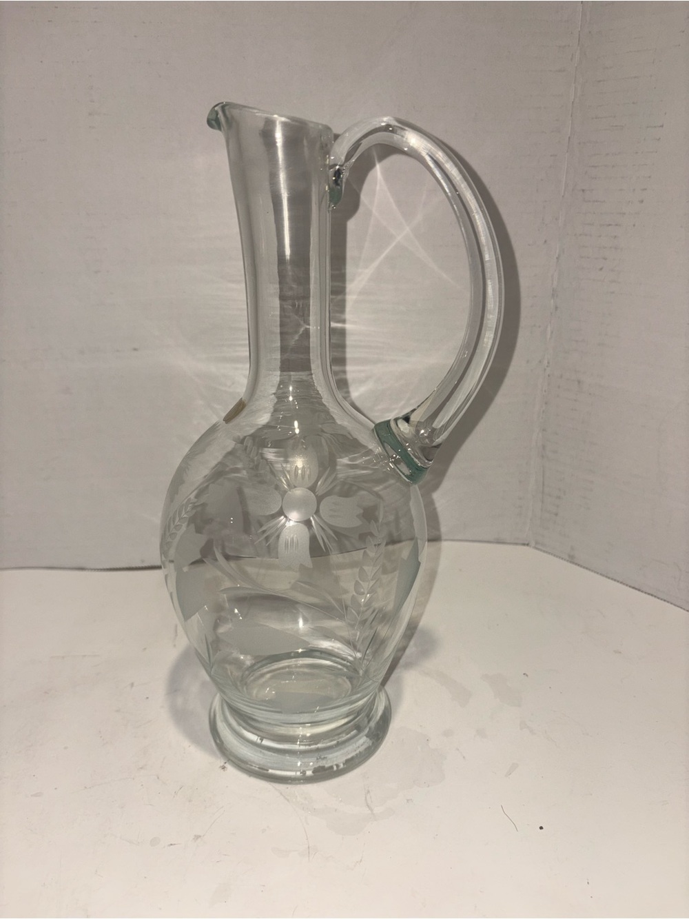 Vintage Etched Glass Pitcher Made in Romania